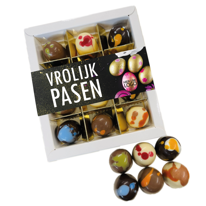 Geschenkdoosje met 12 Vrolijke Paasbonbons - Inclusief banderol